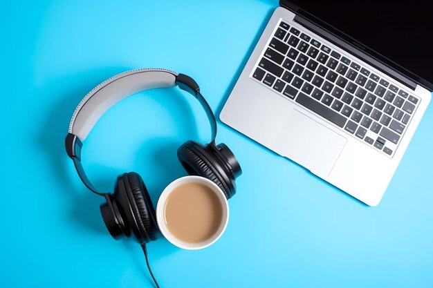 Photo music or podcast background with electronic devices headphones coffee and laptop on office desk