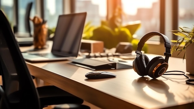 Музыка или подкаст фон с электронными устройствами, наушниками, кофе и ноутбуком на офисном столе