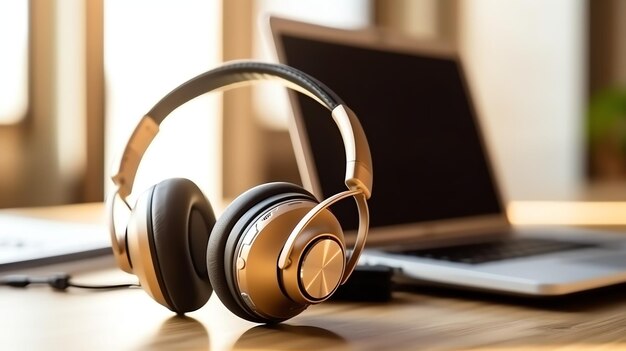 Music or podcast background with electronic devices headphones coffee and laptop on office desk