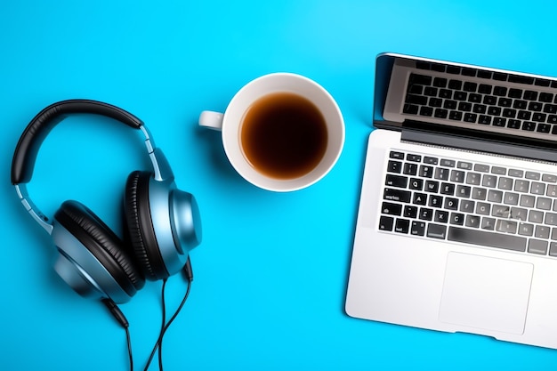 Music or podcast background with electronic devices headphones coffee and laptop on office desk