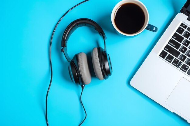 Music or podcast background with electronic devices headphones coffee and laptop on office desk