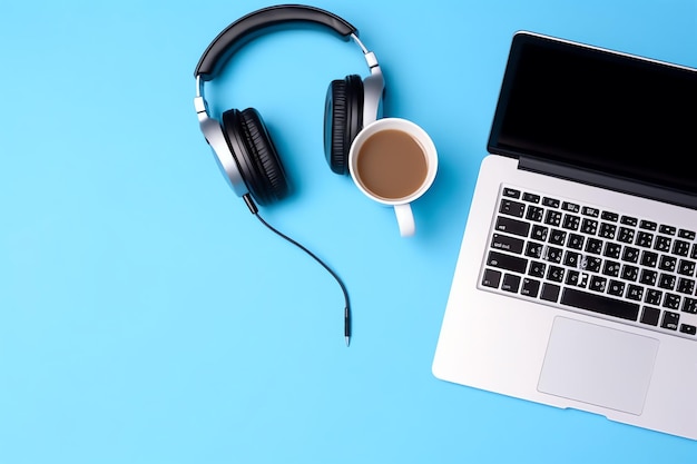 Music or podcast background with electronic devices headphones coffee and laptop on office desk