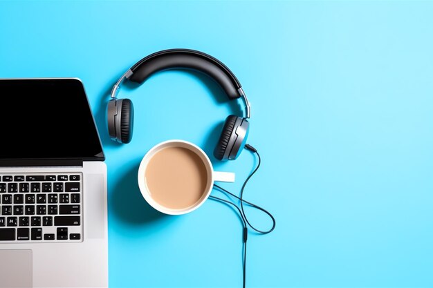 Photo music or podcast background with electronic devices headphones coffee and laptop on office desk