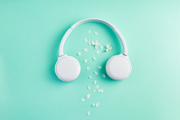 Photo music or podcast surface with headphones with cherry blossom on turquoise surface