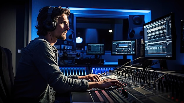 Photo a music producer in headphones works in a recording studio surrounded by equipment