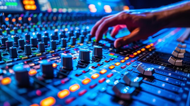 music production focusing on an audio engineer39s hands adjusting the sliders on a mixing console