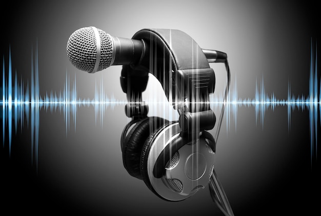 Music and recorder concept.microphone and headphones. Concept audio and studio recording