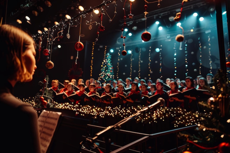 Photo 音楽学校のホリデーコンサート合唱団が祭りの装飾でステージでクリスマスキャロルを歌います