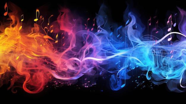 Music sheet with notes in the background of colorful smoke