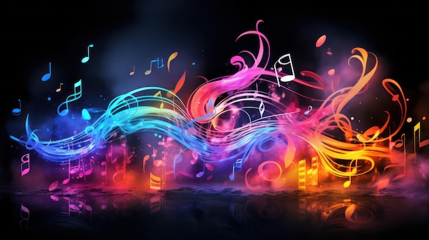 Music sheet with notes in the background of colorful smoke