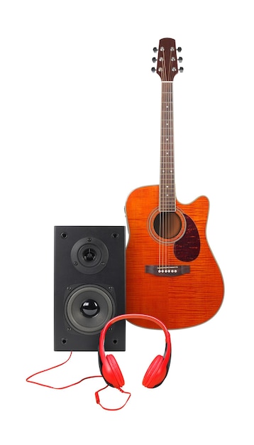 Music and sound Orange electro acoustic guitar loudspeaker enclosure and red headphone Isolated