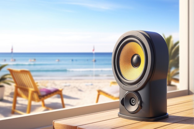 Photo music speaker on a balcony with blurred beach view in the background