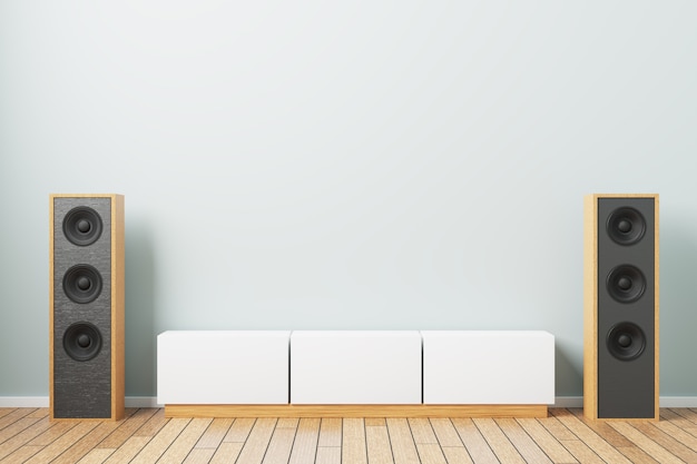 Music speakers with a bedside table in a minimalistic interior. 3d rendering