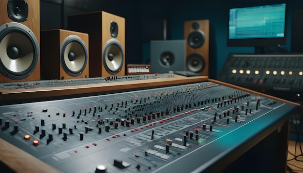 Photo music studio filled with analog recording equipment from tape machines to mixing console