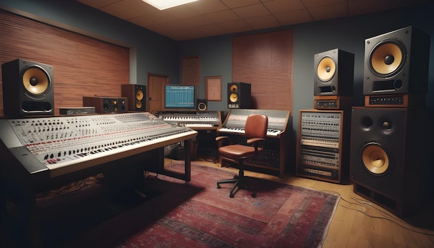 Фото Музыкальная студия, заполненная аналоговым оборудованием для записи от магнитофонов до микшерной консоли