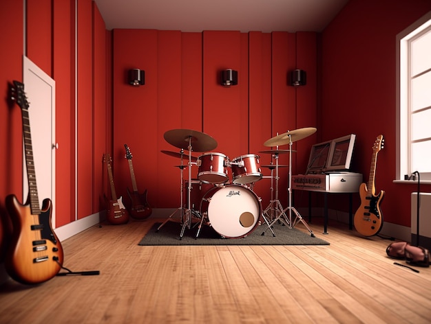 Music Studio Recording Room In Red Wall AI Generated