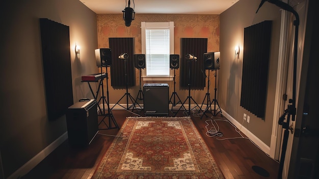 Музыкальная студия с различным оборудованием, включая микрофоны, динамики и микшерную доску.