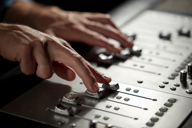 Photo music, technology, people and equipment concept - hands using mixing console in sound recording studio