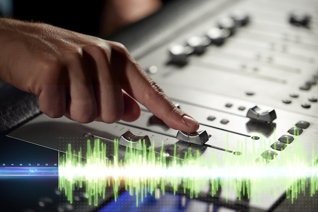 music technology people and equipment concept hands using mixing console in sound recording studio