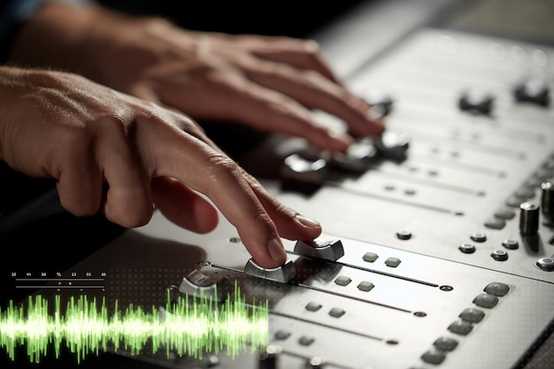 Foto tecnologia musicale persone e attrezzature concetto ingegnere del suono mani usando la console di mixaggio allo studio di registrazione