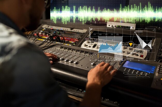 Музыкальные технологии люди и оборудование концепция звукорежиссер с микширующей консолью запись трека в студии
