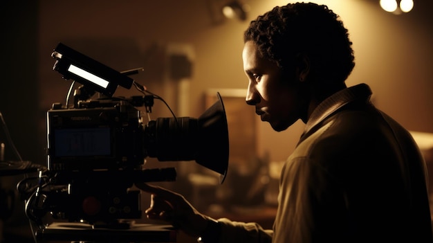 Music Video Director Male AfricanAmerican Young Adult Directing and producing music videos in Film set Generative AI AIG22