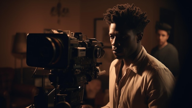 Music Video Director Male AfricanAmerican Young Adult Directing and producing music videos in Film set Generative AI AIG22