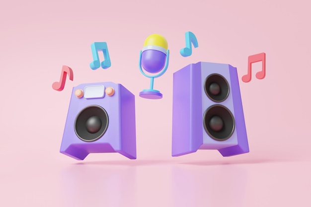 Music wave media connection concept microphone podcast and retro radio vintage with instrument speaker floating on pink pastel background Minimal cartoon style banner 3d render illustration