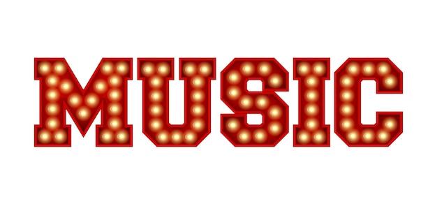 Music word made from red vintage lightbulb lettering isolated on a white 3D Rendering