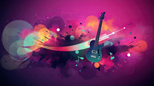 musical abstract background with a guitar and splashes of color