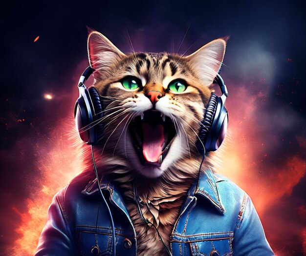 Musical cat in headphones sings in the studio