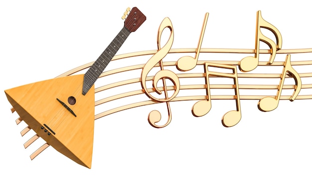 Foto concetto musicale balalaika con note musicali rendering 3d