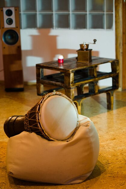 Musical equipment on bean bag in studio