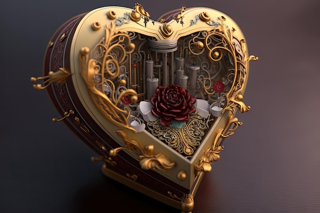 Musical heart with flowers and ornament music box needle bed created with generative ai