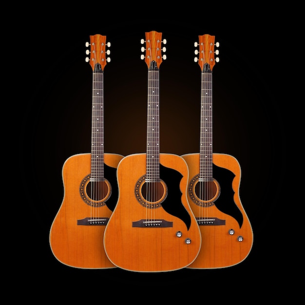 Музыкальный инструмент Вид спереди три классические винтажные акустические гитары