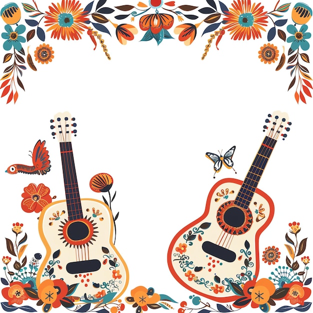 Musical instrument mexican dia de muertos day of the dead watercolor border