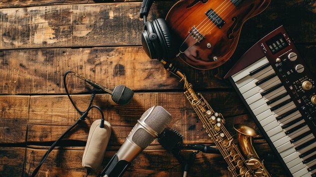 Musical Instrument and Microphone on Wooden Table for Performance or Recording