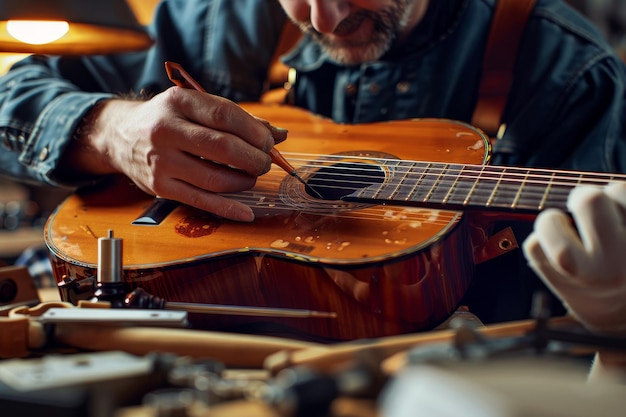 Техник по ремонту музыкальных инструментов ремонтирует гитару, демонстрируя навыки по ремонту инструментов