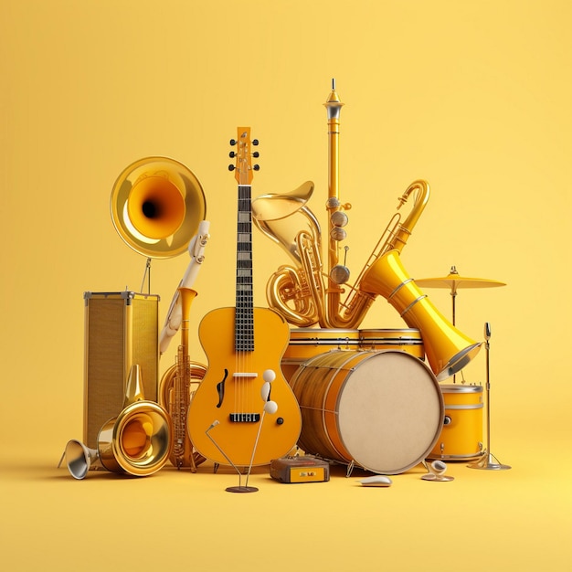 음악 악기 색조의 노란색 배경 인공지능이 생성됩니다.
