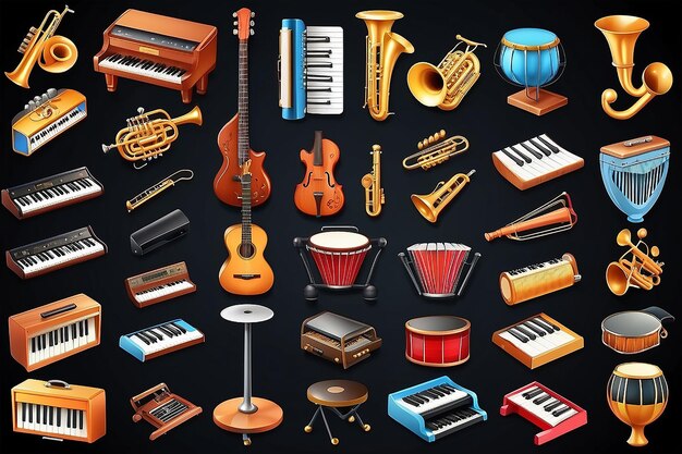 Musical instruments 3d icon set Classic and modern for amateurs and professionals