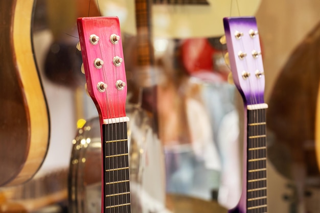 Musical Instruments. Guitars in the music practice room.