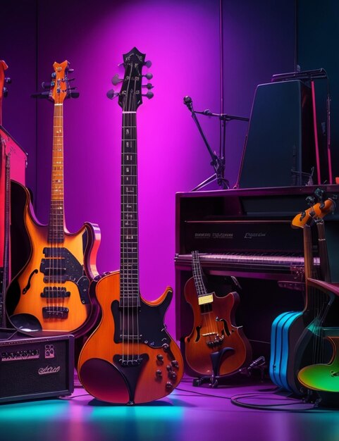 Musical instruments inside a studio strong colors luminous drums guitar piano bass and violin