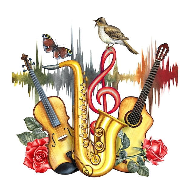 Musical instruments violin saxophone guitar with treble clef and roses The watercolor illustration