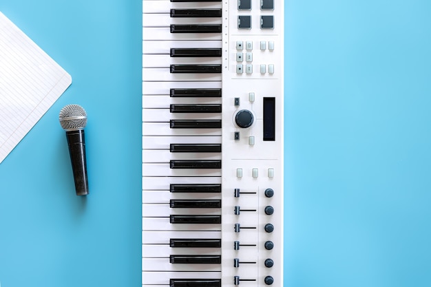 Musical keys and a blank sheet of paper on a blue background