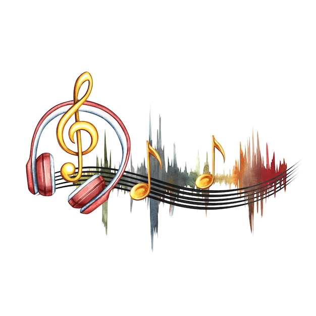 音楽符号 楽譜 と 赤い ヘッドフォン 水彩画 は 手作り です