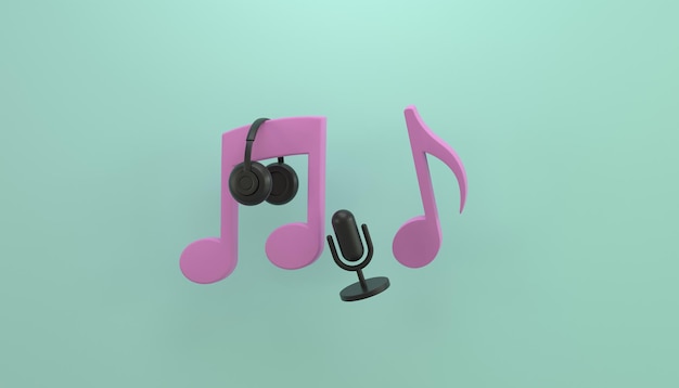 Musical note symbol with earphone headset and microphone icon\
3d rendering illustration