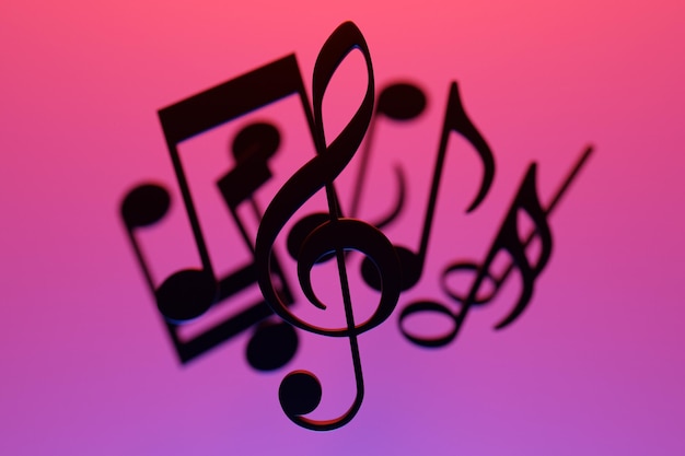 Фото Музыкальные ноты и символы с кривыми и завихрениями на розовом фоне 3d иллюстрация