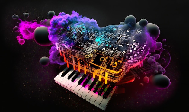 Musical notes bursting out of a keyboard in a creative arrangement