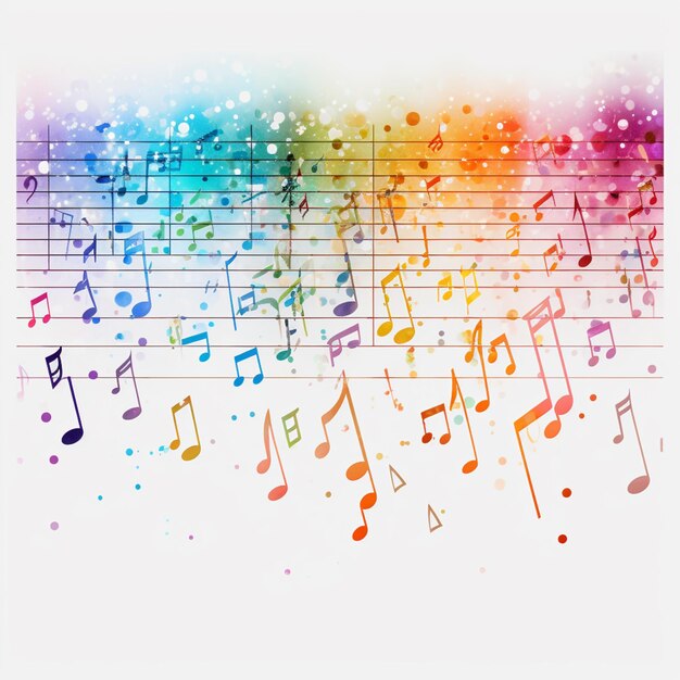 Foto note musicali su uno sfondo colorato con un effetto arcobaleno generativo ai