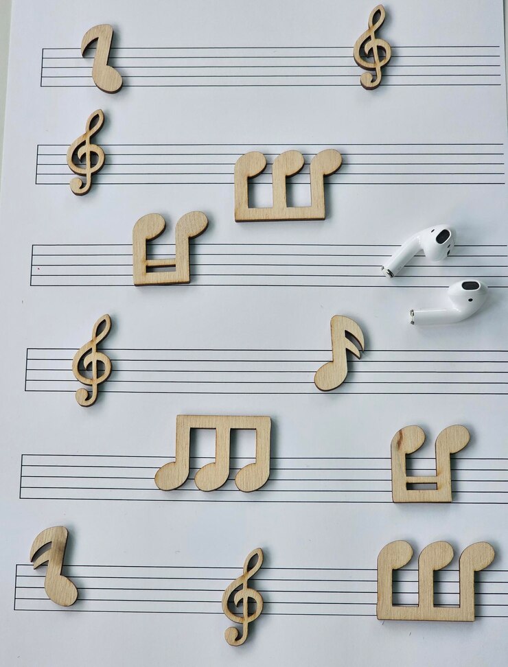 Photo 創造的で遊び心のあるミュージカルのために,楽譜に並べられた音楽ノートとイヤホン